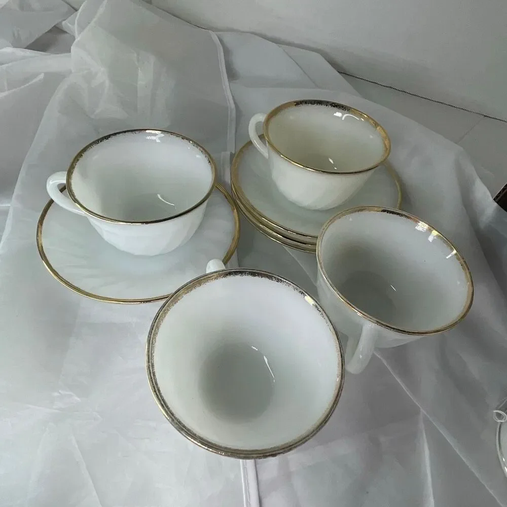 Lot of 4 1950’s Fire king cups and saucers milk glass gold trim